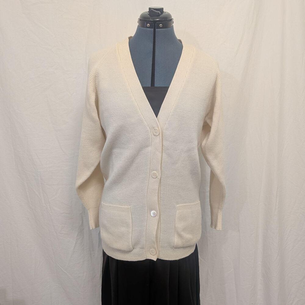 Cream Winter White Ribbed Knit 100% Merino Wool Cardigan by Nordstrom, Size M